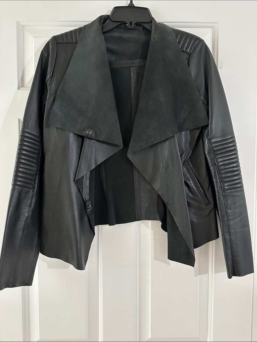 Stella & Jamie Black Draped Waterfall Leather Jacket in size Small.